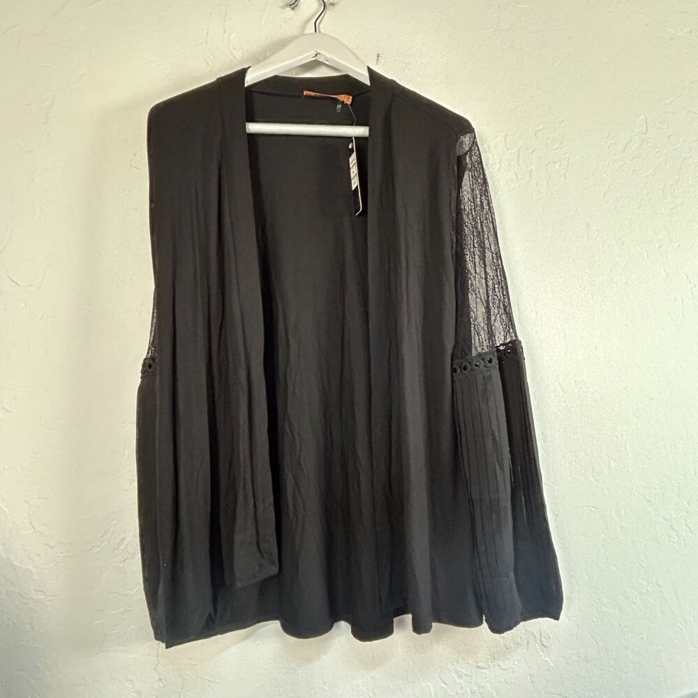 Belldini Womens Lace Pleated Balloon Sleeve Cardigan Sweater XL Black Boho New